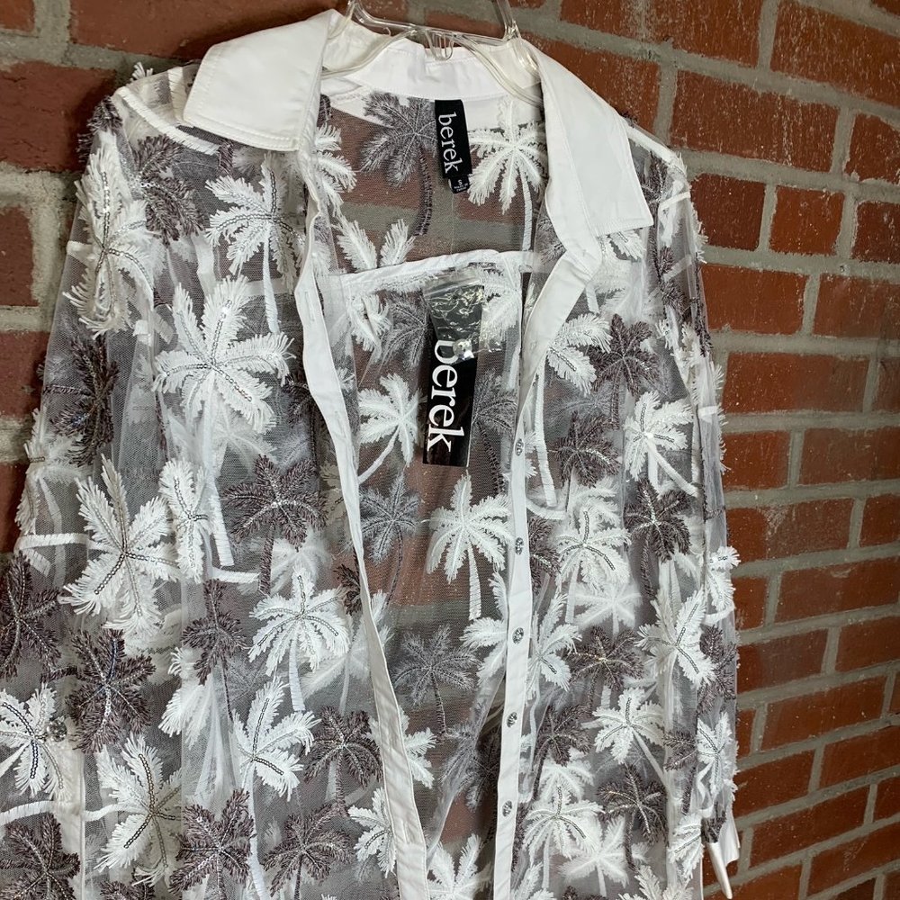 NWT Berek Brand White Paradise Long Sleeve Jacket Shirt with Sequin Accents